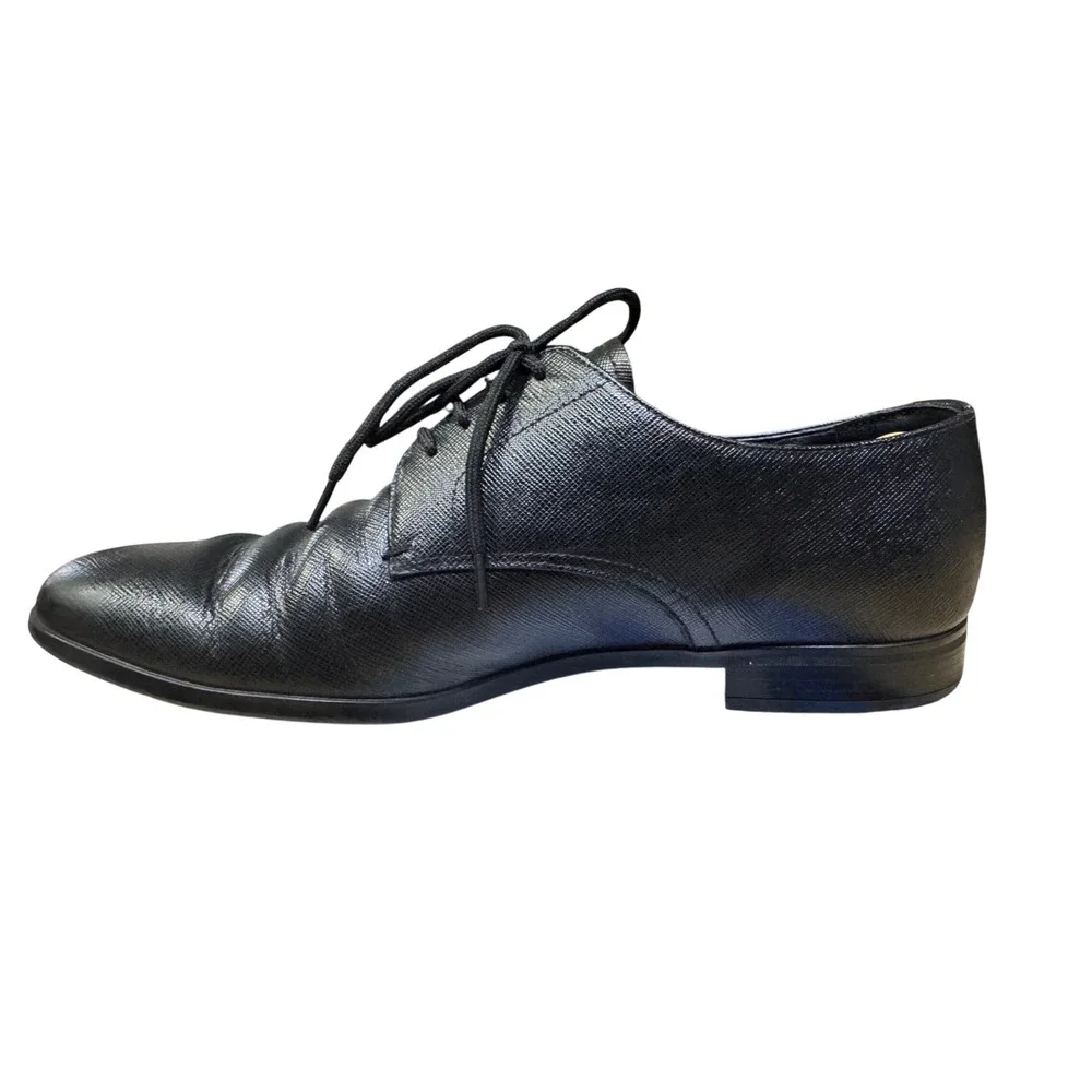 Prada Mens Black Saffiano Leather Lace Up Derby Dress Shoes Made in Italy